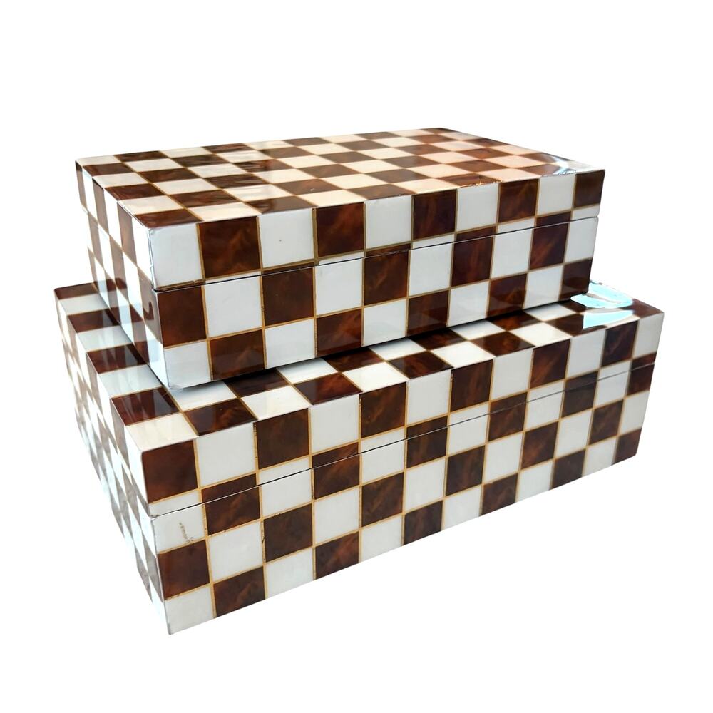 Checkered Resin Wood Nesting Boxes 2pc Brown & White Made in India NEW